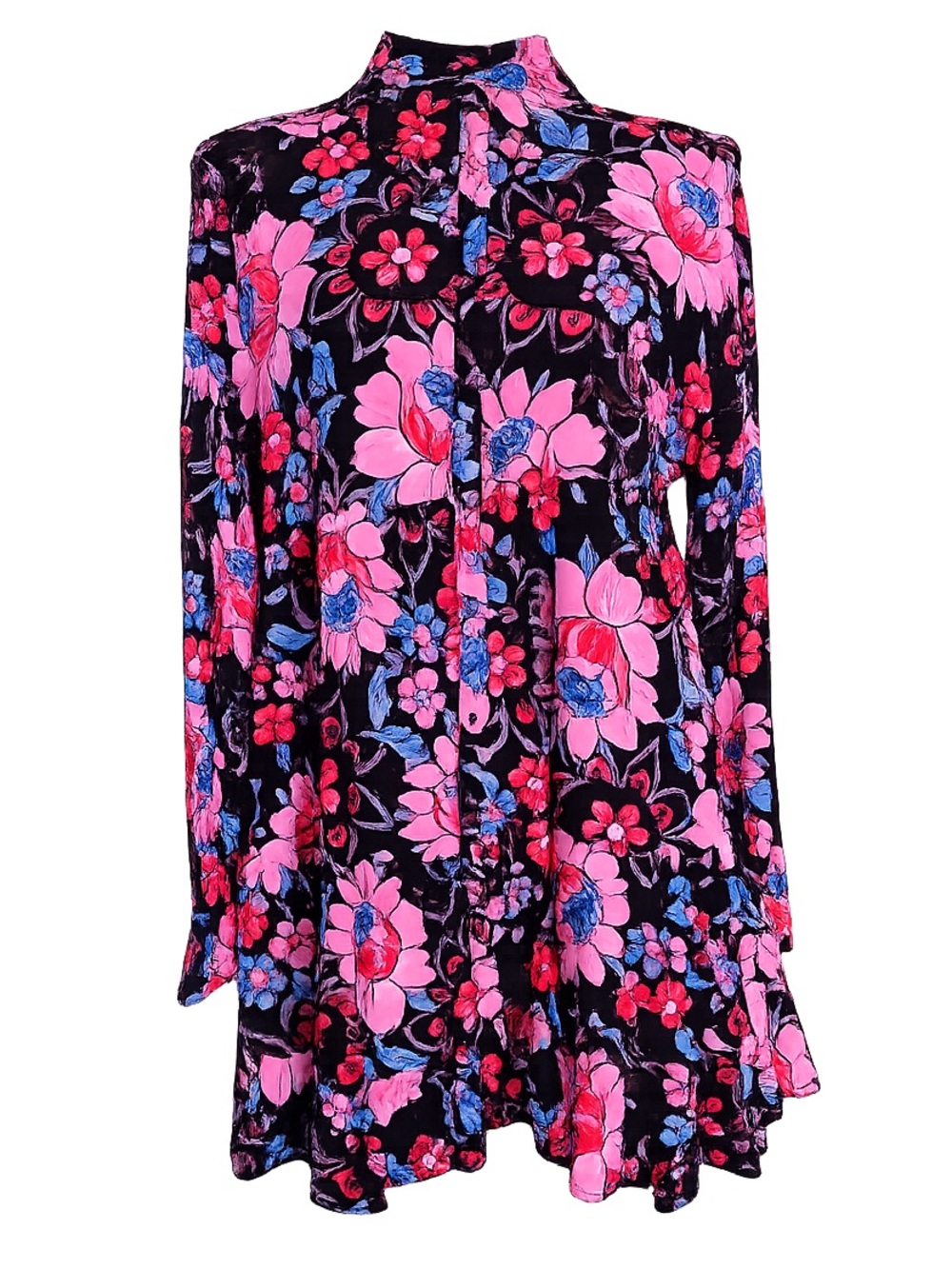 Zara Floral Mini Dress Medium Pink Blue Black Boho Long Sleeve